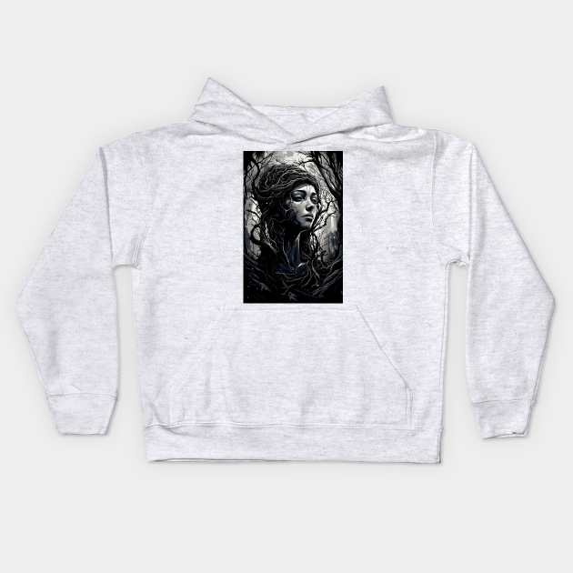 and white image depicts a woman with a tree sprouting blackfrom her head Kids Hoodie by Creatiful